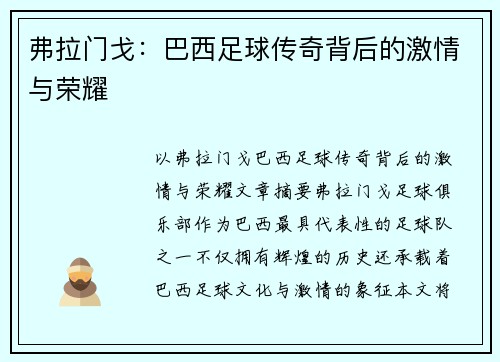 弗拉门戈：巴西足球传奇背后的激情与荣耀